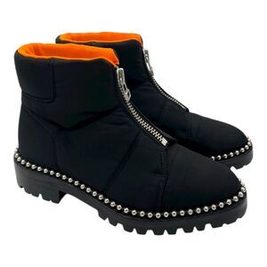 Alexander Wang Black Studded Cooper Nylon Boots Lugged Vibrim Outsole 37.5 Zip